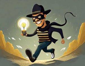 An illustration of a man stealing a lightbulb. He's wearing a mask and a horizontal striped robber shirt.